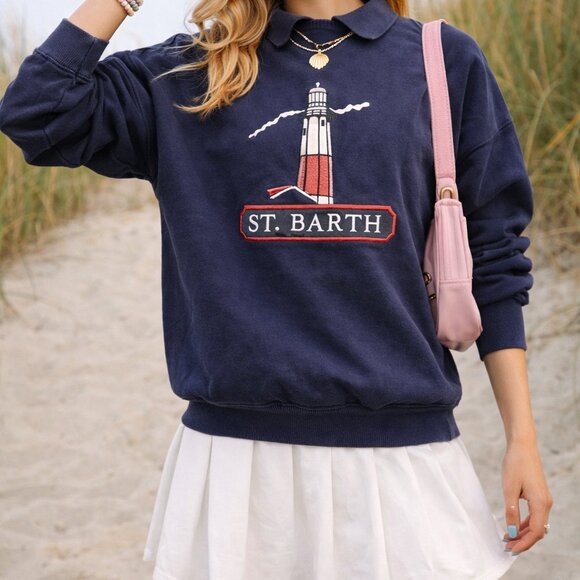 Oarsman Sweaters - Oarsman Embroidery St Barth Oversize Navy Blue Cotton Sweater Coastal Nautical M